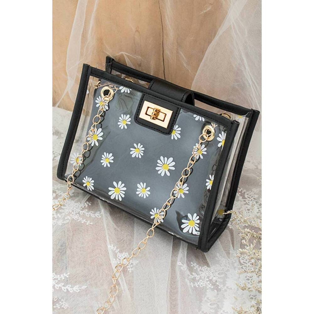 NEW ACCITY women's daisy floral transparent mini crossbody bag in black
